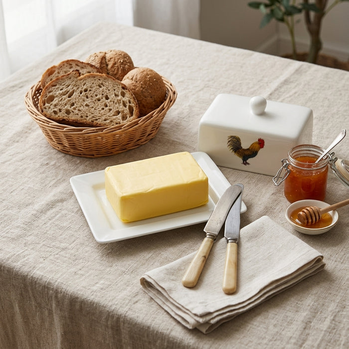 Cockerel & Hen Butter Dish in use