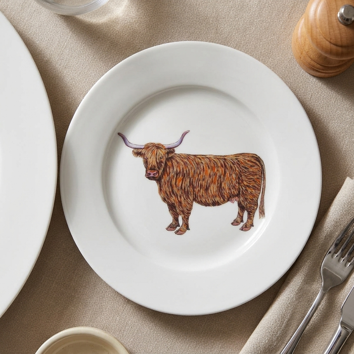 Highland Cow 19cm Flat Rimmed Plate styled on the table