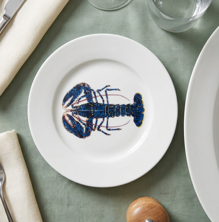 Blue Lobster 19cm Flat Rimmed Plate styled on the table