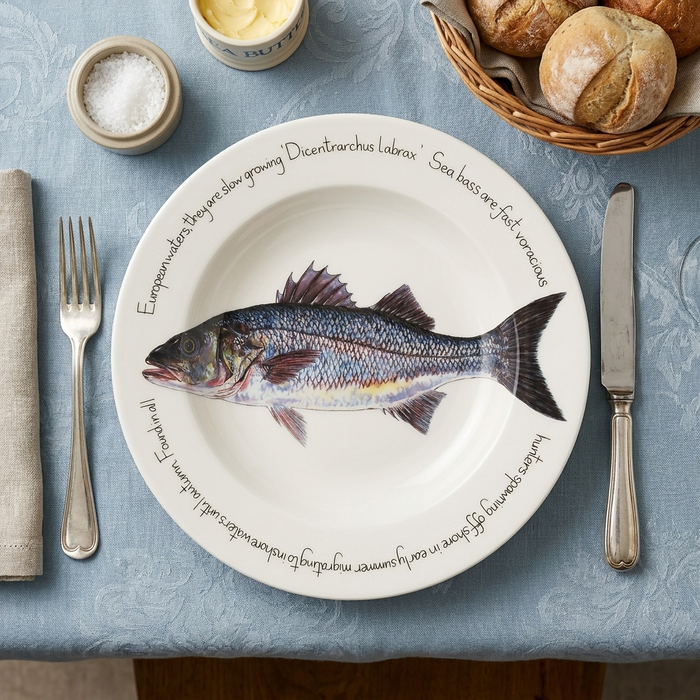 Sea Bass 30cm Deep Rimmed Plate styled on the table