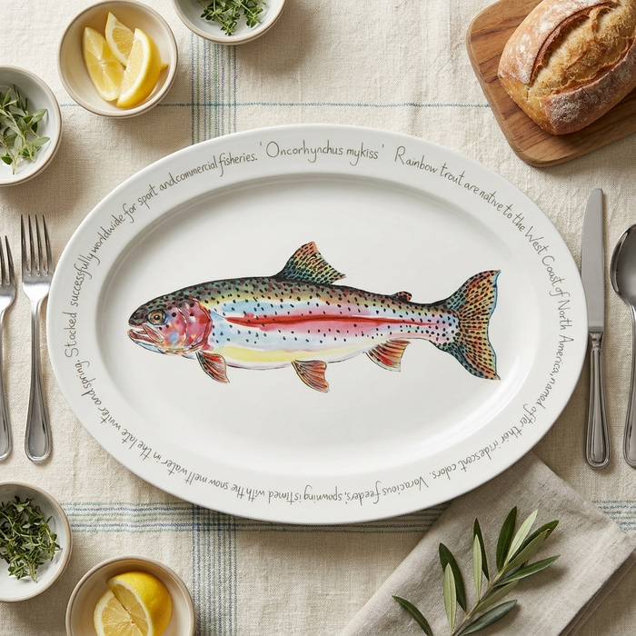 Rainbow Trout 39cm (15.4") Oval Plate styled on the table