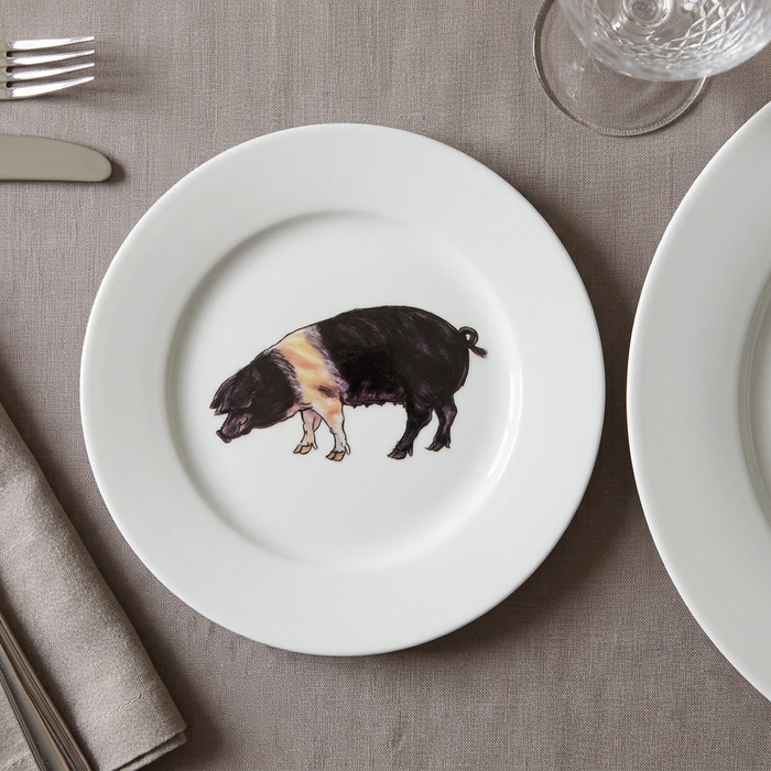 British Saddleback Pig 19cm Flat Rimmed Plate styled on the table