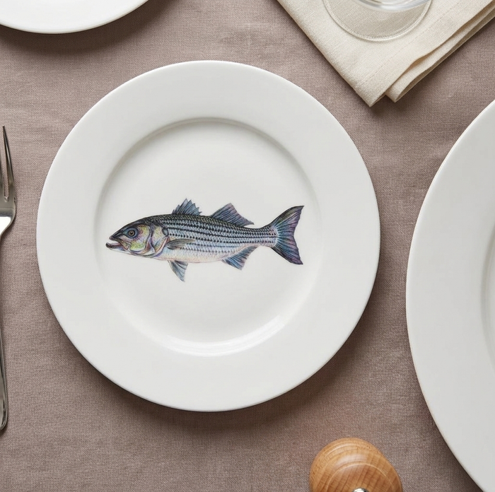 Striped Bass 19cm Flat Rimmed Plate styled on the table