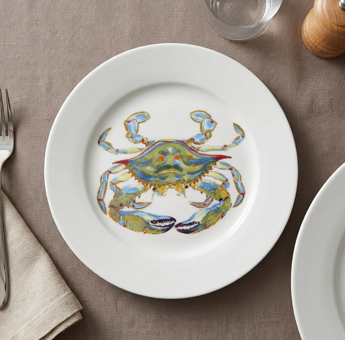 Blue Crab 19cm Flat Rimmed Plate styled on the table