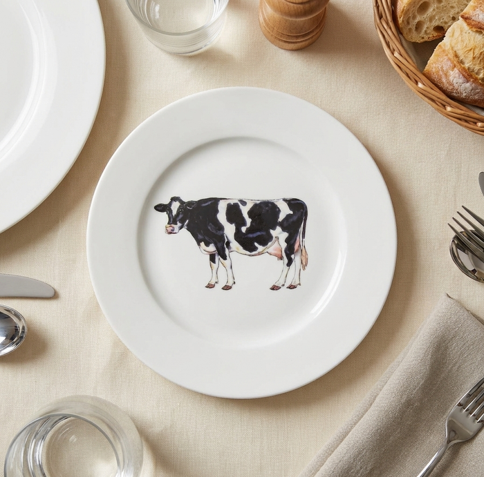 Holstein-Friesian Cow 19cm Flat Rimmed Plate styled on the table