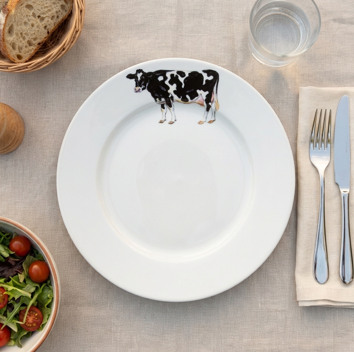 Holstein-Friesian Cow 26cm Flat Rimmed Plate styled on the table