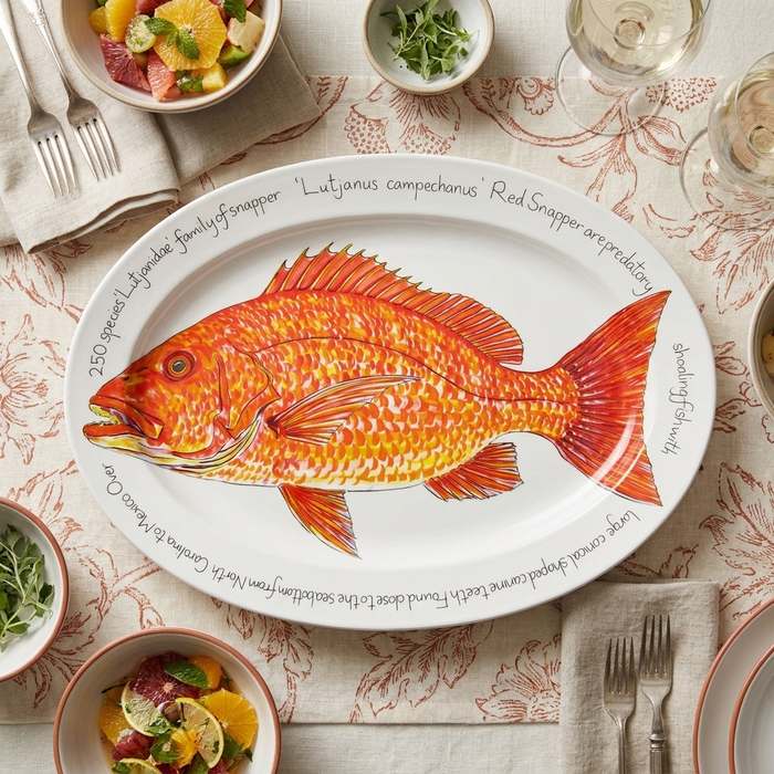 Red Snapper 39cm (15.4") Oval Plate styled on the table