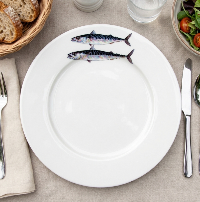 Mackerel 26cm Flat Rimmed Plate styled on the table