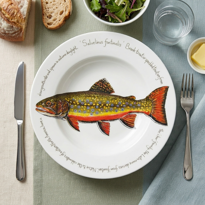 Brook Trout 30cm Deep Rimmed Plate styled on the table