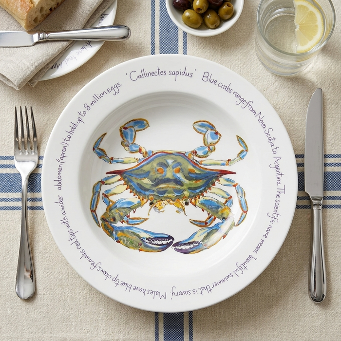 Blue Crab 30cm Deep Rimmed Plate styled on the table