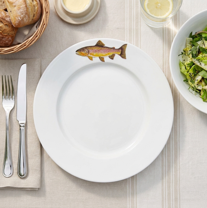Brown Trout 26cm Flat Rimmed Plate styled on the table