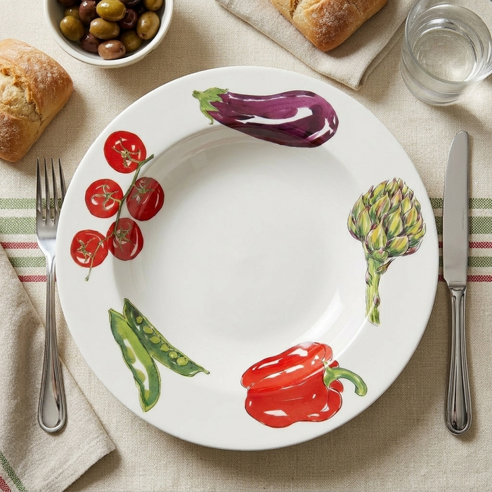 Vegetables 30cm Deep Rimmed Plate styled on the table