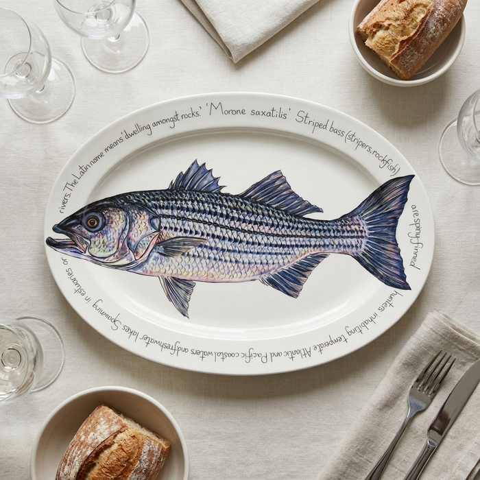 Striped Bass 39cm (15.4") Oval Plate styled on the table