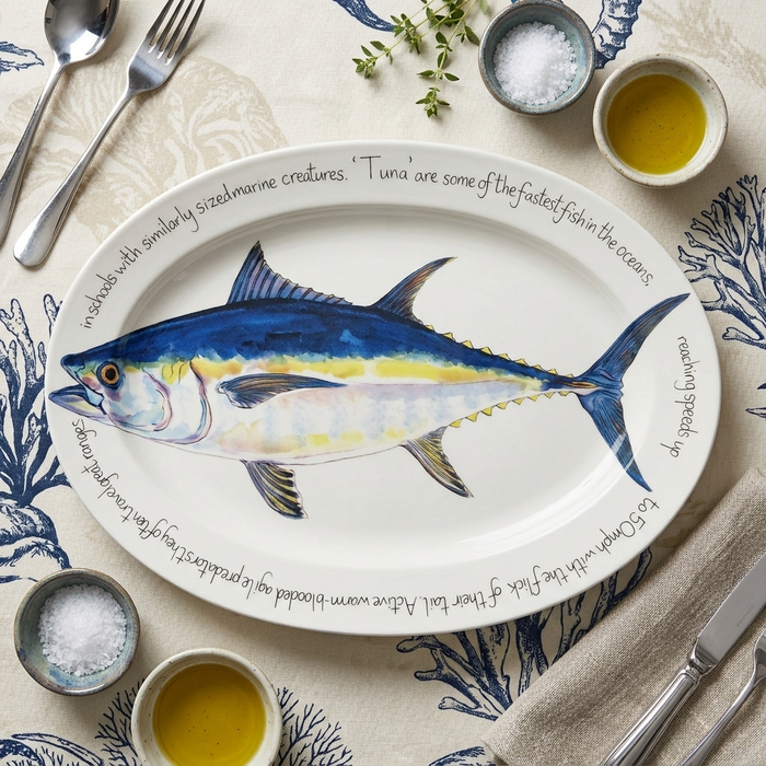 Bluefin Tuna 39cm (15.4") Oval Plate styled on the table