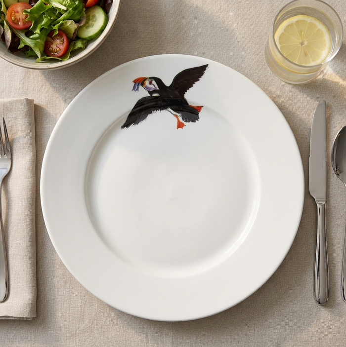Puffin Flying 26cm Flat Rimmed Plate styled on the table