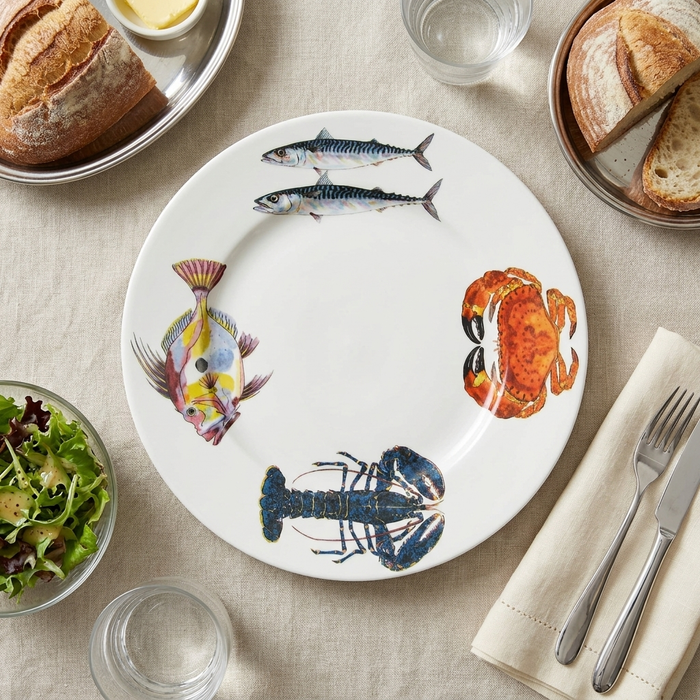 Fish & Shellfish 26cm Flat Rimmed Plate styled on the table