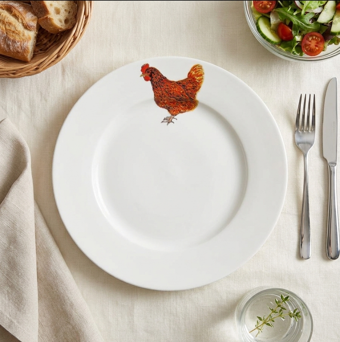 Hen 26cm Flat Rimmed Plate styled on the table