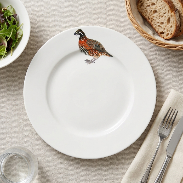 Bobwhite Quail 26cm Flat Rimmed Plate styled on the table