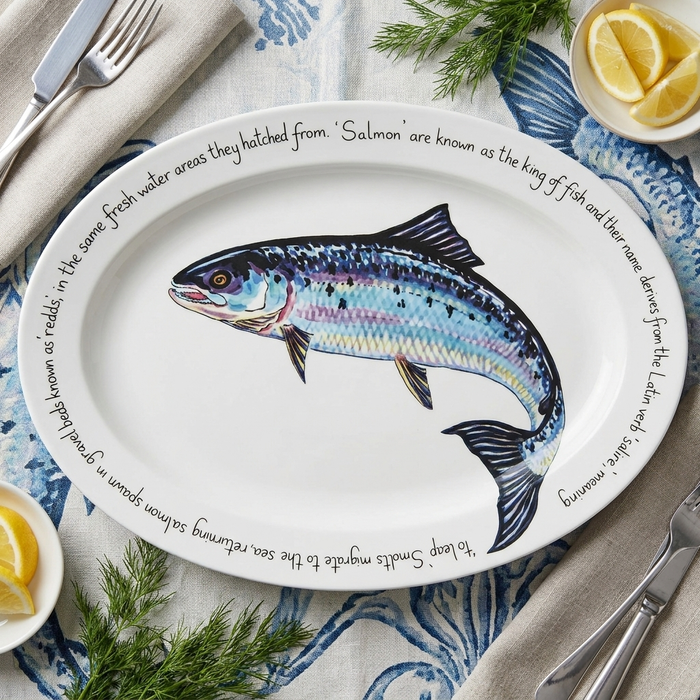 Salmon Leaping 39cm (15.4") Oval Plate with 250g Hebrdiean Peat Smoked Salmon (UK desinations only) styled on the table