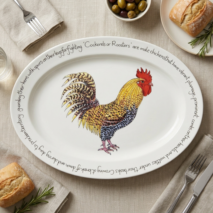 Cockerel & Rooster 39cm (15.4") Oval Plate styled on the table