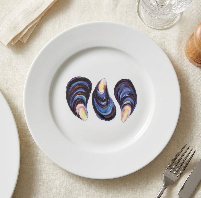 Mussels 19cm Flat Rimmed Plate | Richard Bramble styled on the table