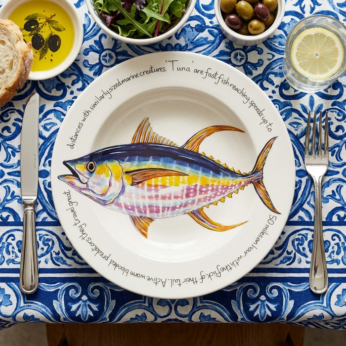 Yellowfin Tuna 30cm Deep Rimmed Plate styled on the table
