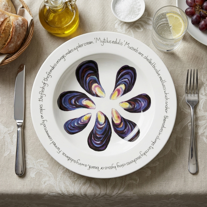 Mussels 30cm Deep Rimmed Plate styled on the table