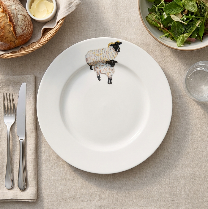 Blackface Sheep 26cm Flat Rimmed Plate styled on the table