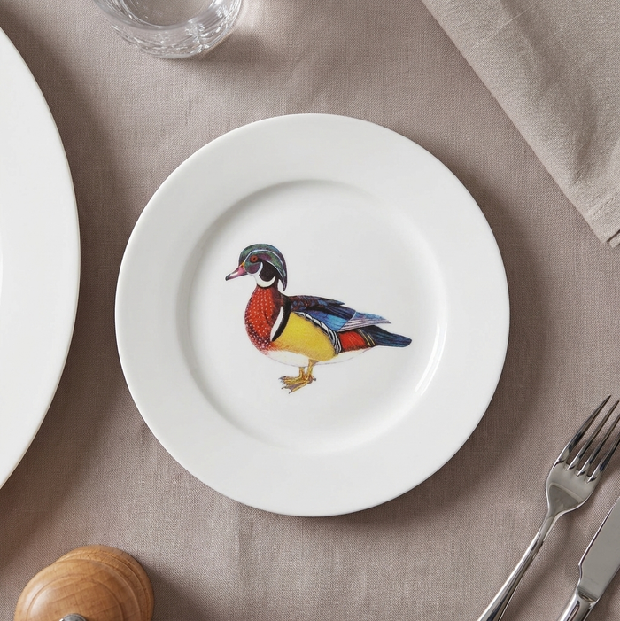 Wood Duck 19cm Flat Rimmed Plate styled on the table