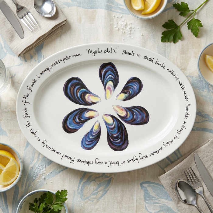 Mussels 39cm (15.4") Oval Plate with TEXT styled on the table