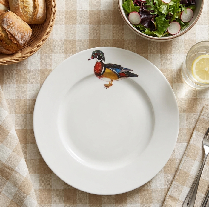 Wood Duck 26cm Flat Rimmed Plate styled on the table