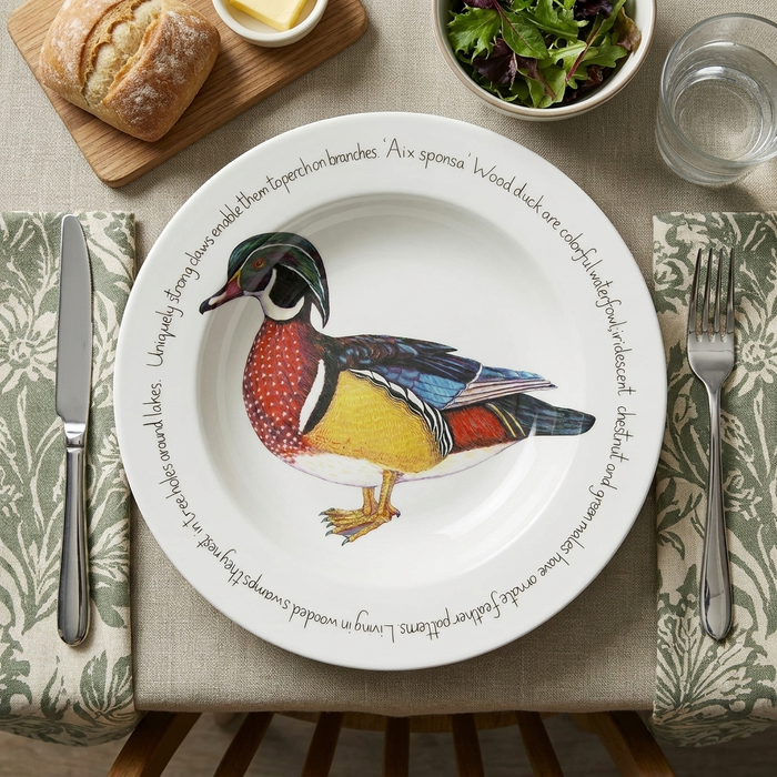 Wood Duck 30cm Deep Rimmed Plate styled on the table