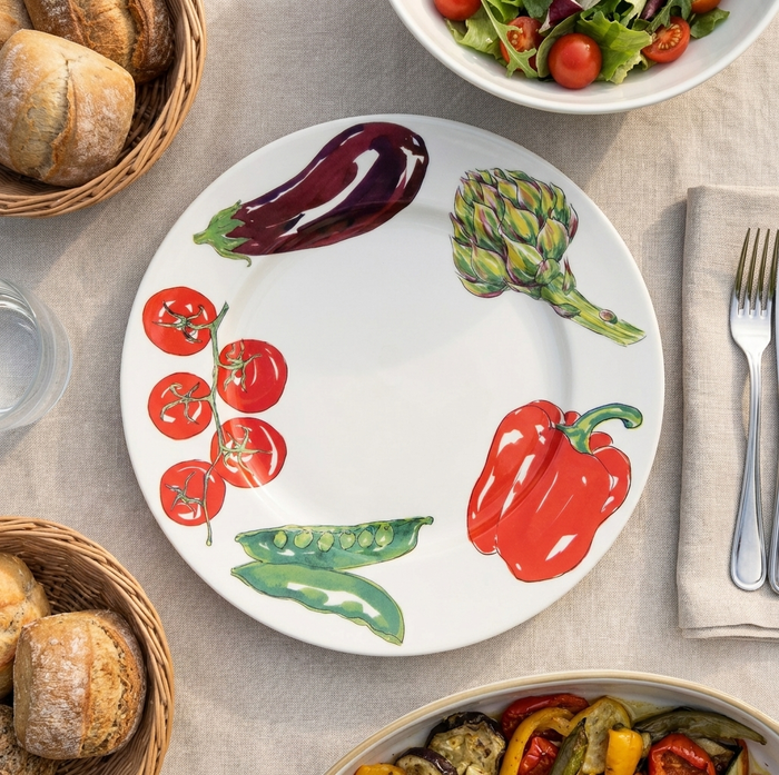 Vegetables 26cm Flat Rimmed Plate styled on the table