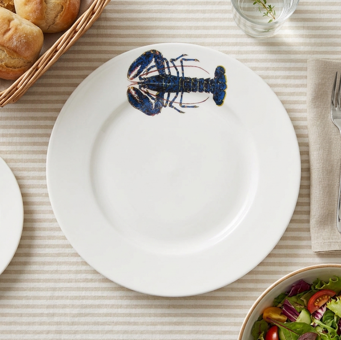 Blue Lobster 26cm Flat Rimmed Plate styled on the table