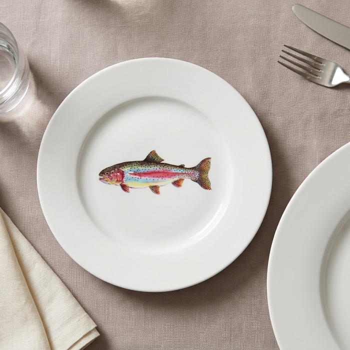 Rainbow Trout 19cm Flat Rimmed Plate styled on the table