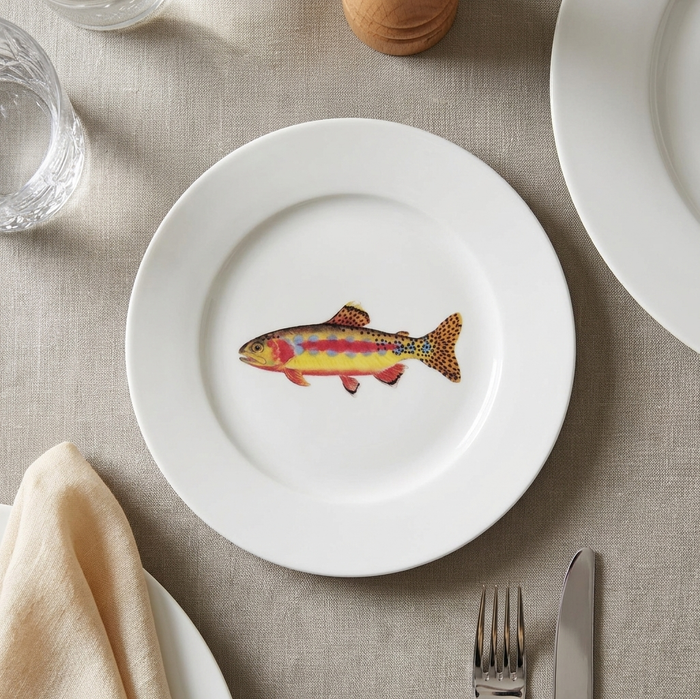 Richard Bramble | Golden Trout 19cm Flat Rimmed Plate styled on the table