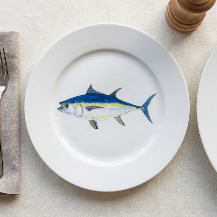 Bluefin Tuna 19cm Flat Rimmed Plate styled on the table