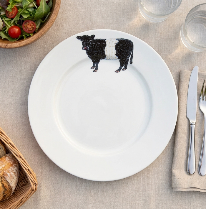Belted Galloway Cow 26cm Flat Rimmed Plate styled on the table