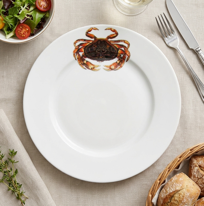 Dungeness Crab 26cm Flat Rimmed Plate styled on the table