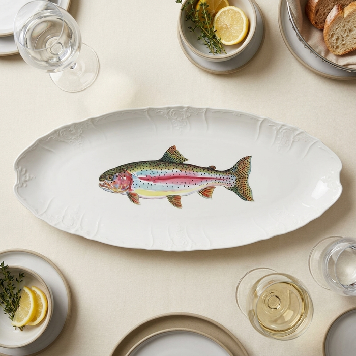 Rainbow Trout 65cm (25.5") Large Oval Plate styled on the table