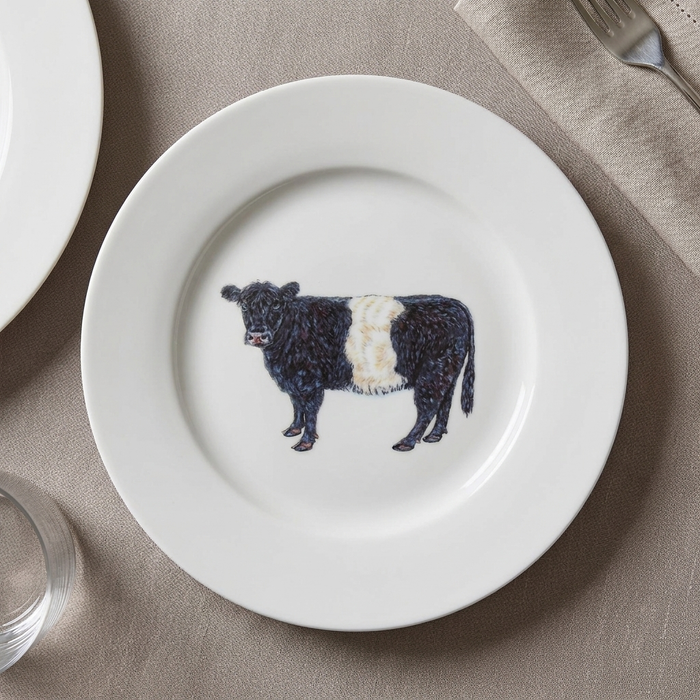 Belted Galloway Cow 19cm Flat Rimmed Plate styled on the table