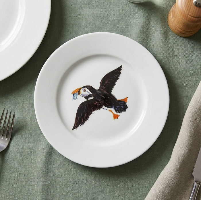 Puffin Flying 19cm Flat Rimmed Plate styled on the table