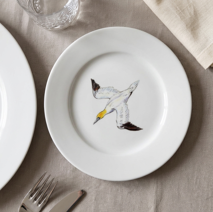 Gannet Diving 19cm Flat Rimmed Plate styled on the table