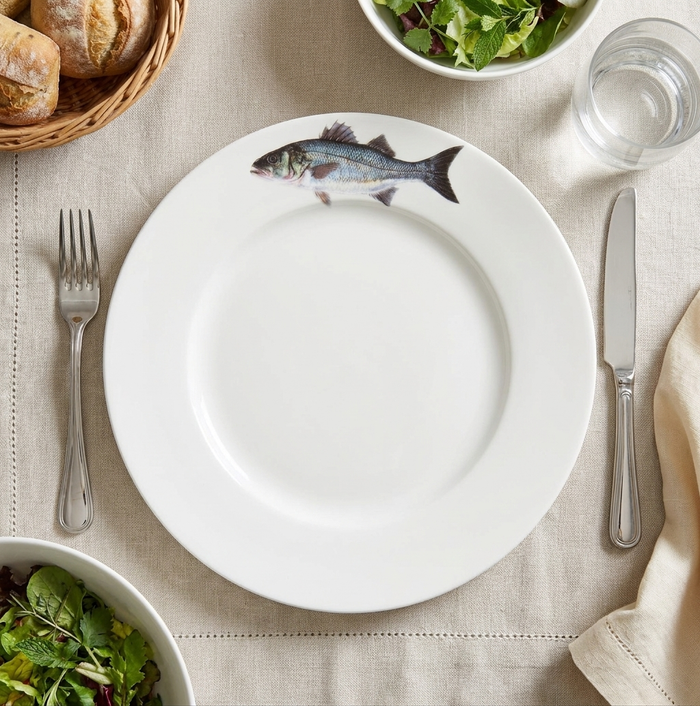 Sea Bass 26cm Flat Rimmed Plate styled on the table