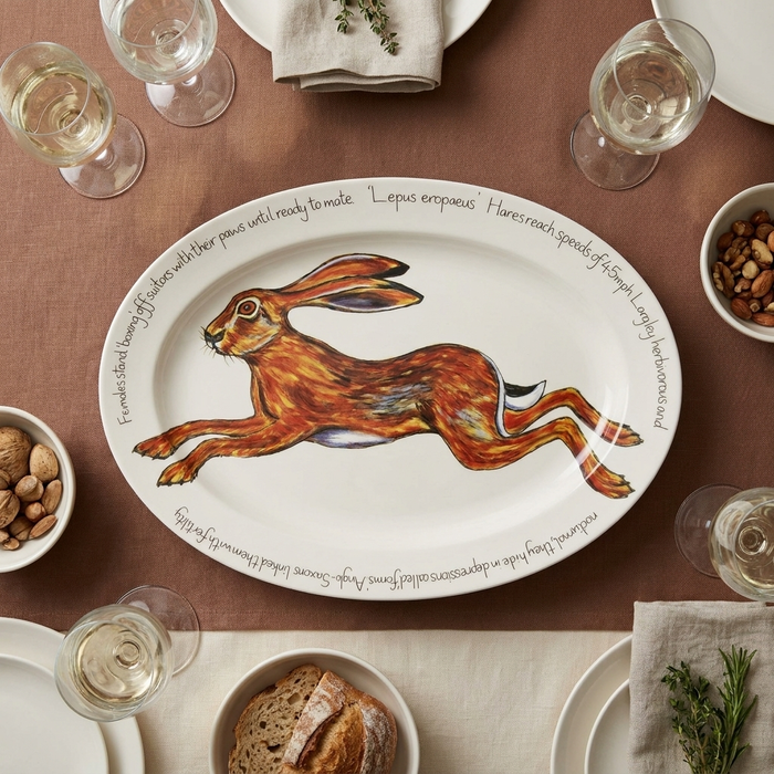 Hare Leaping 39cm (15.4") Oval Plate styled on the table