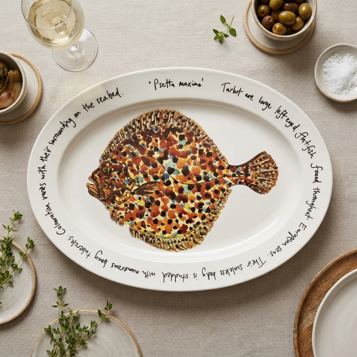 Turbot 39cm (15.4") oval plate with TEXT styled on the table