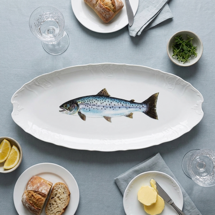 Sea Trout 65cm (25.5") Large Oval Plate (limited edition) styled on the table