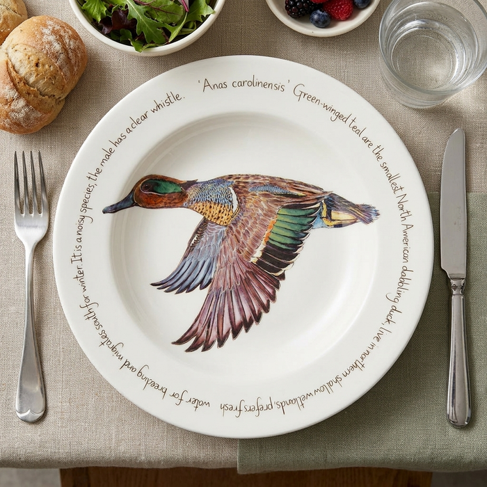 Green-winged Teal 30cm Deep Rimmed Plate styled on the table
