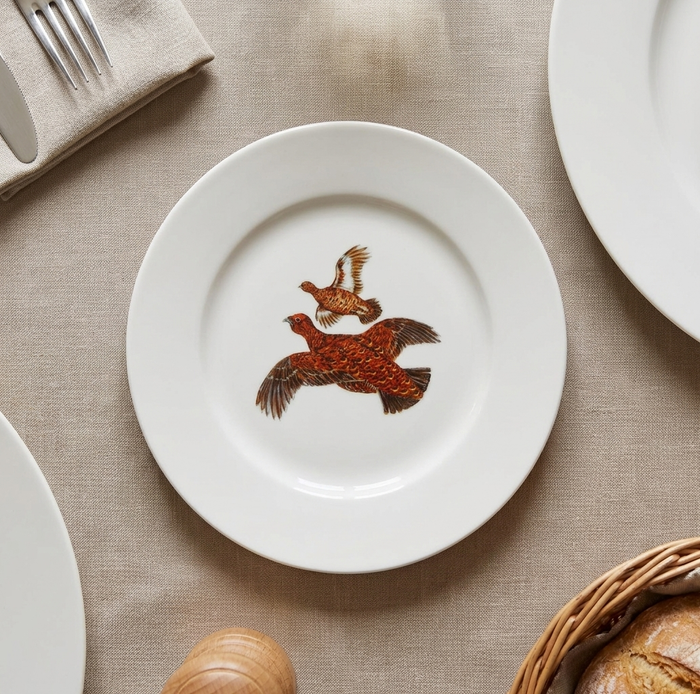 Red Grouse 19cm Flat Rimmed Plate styled on the table
