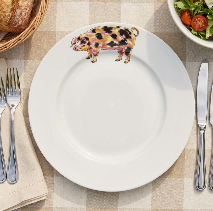 Gloucestershire Old Spot Pig 26cm Flat Rimmed Plate styled on the table